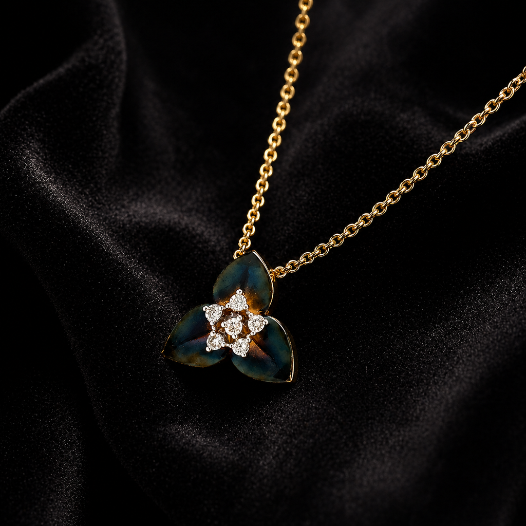Natural Diamond Fancy Lotus Flower Pendant 14KT Yellow Gold