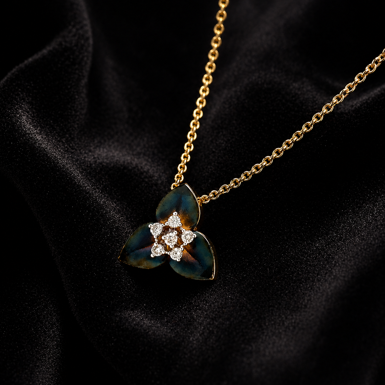 Natural Diamond Fancy Lotus Flower Pendant 14KT Yellow Gold