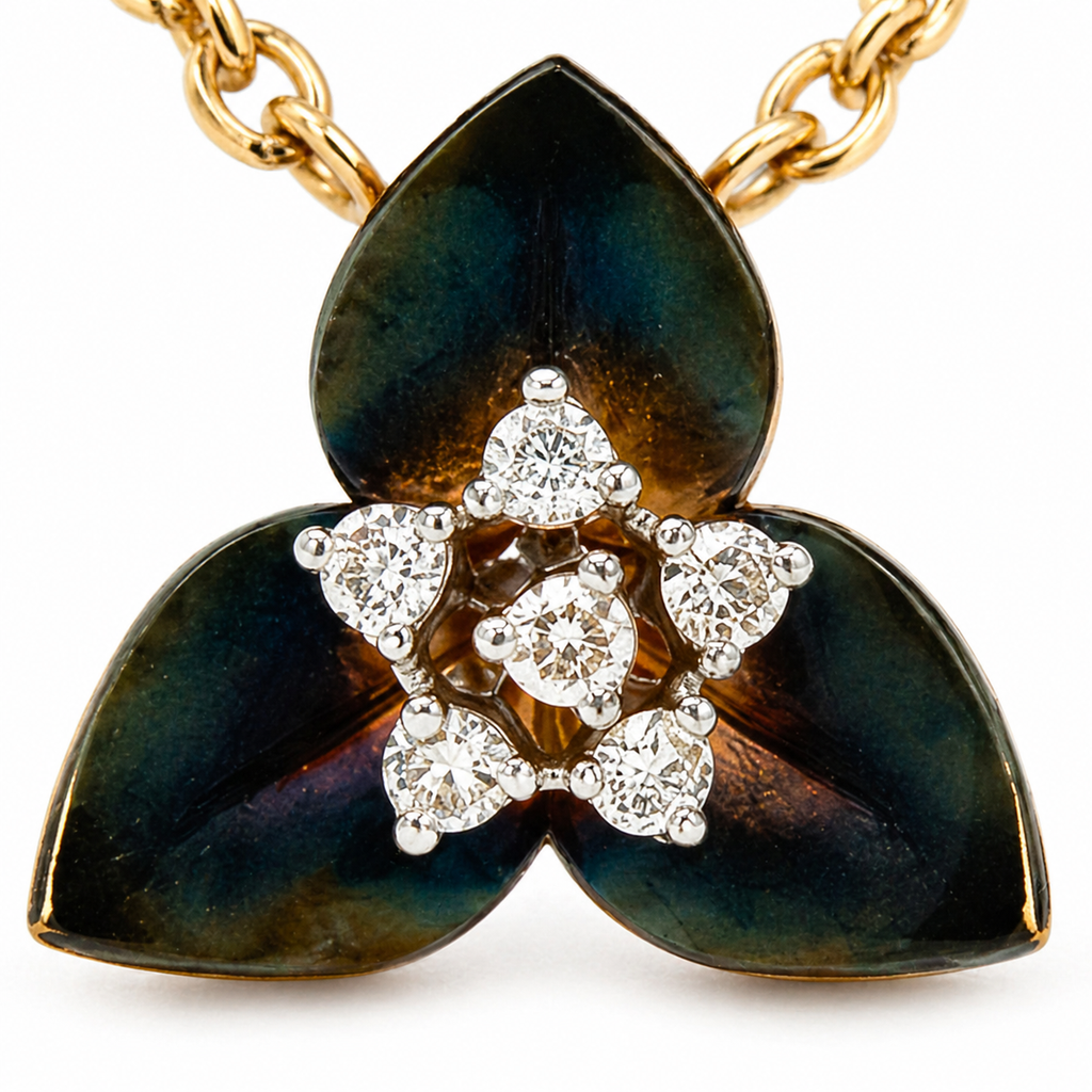 Natural Diamond Fancy Lotus Flower Pendant 14KT Yellow Gold