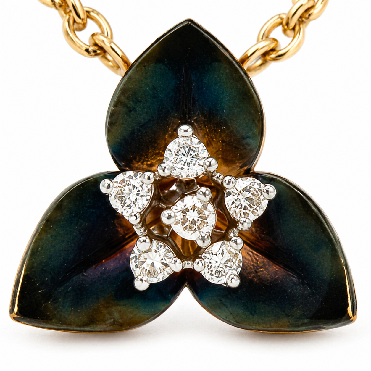Natural Diamond Fancy Lotus Flower Pendant 14KT Yellow Gold