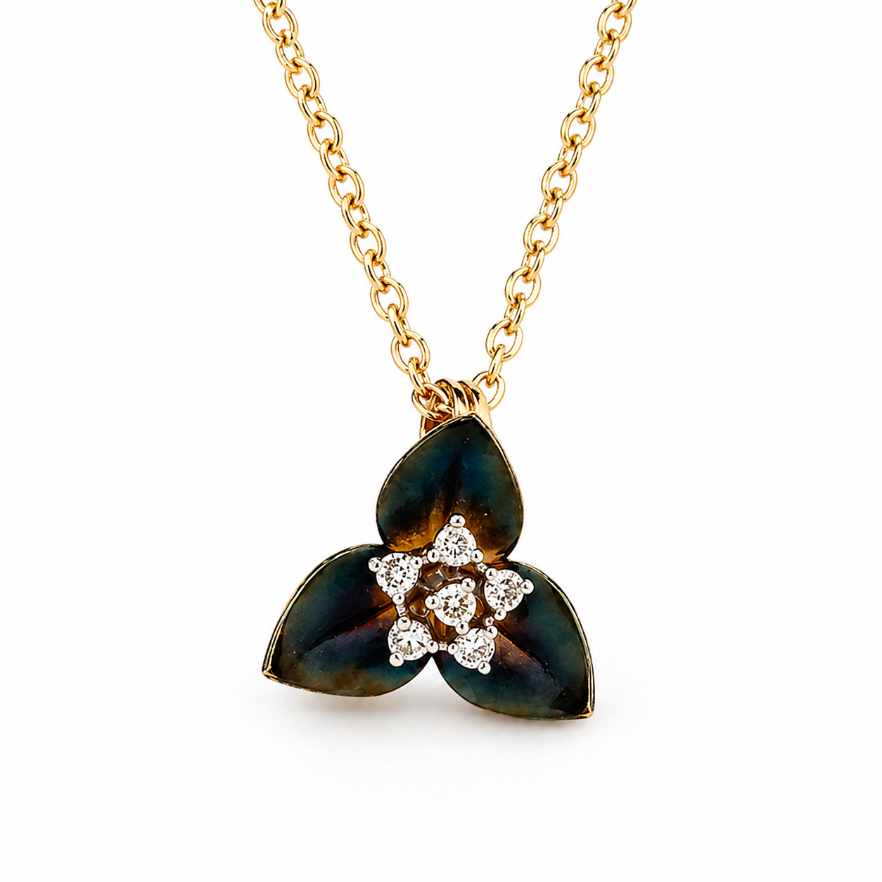 Natural Diamond Fancy Lotus Flower Pendant 14KT Yellow Gold