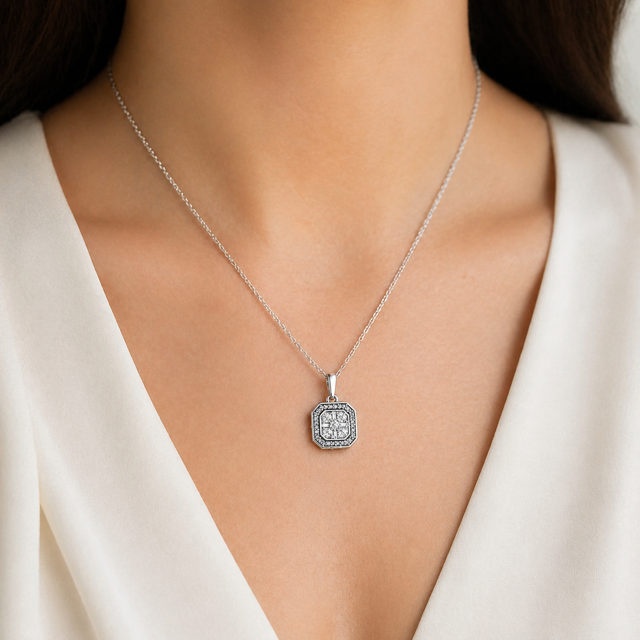 Natural Diamond Cocktail Illusion Pendant 10KT White Gold