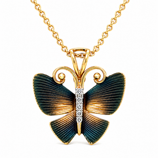 Natural Diamond Butterfly Pendant Necklace 14KT Yellow Gold