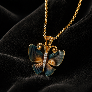 Natural Diamond Butterfly Pendant Necklace 14KT Yellow Gold