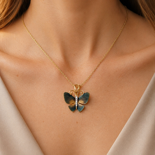 Natural Diamond Butterfly Pendant Necklace 14KT Yellow Gold