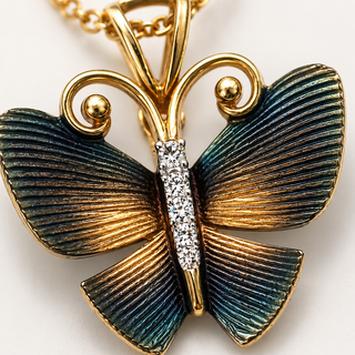 Natural Diamond Butterfly Pendant Necklace 14KT Yellow Gold