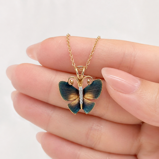 Natural Diamond Butterfly Pendant Necklace 14KT Yellow Gold