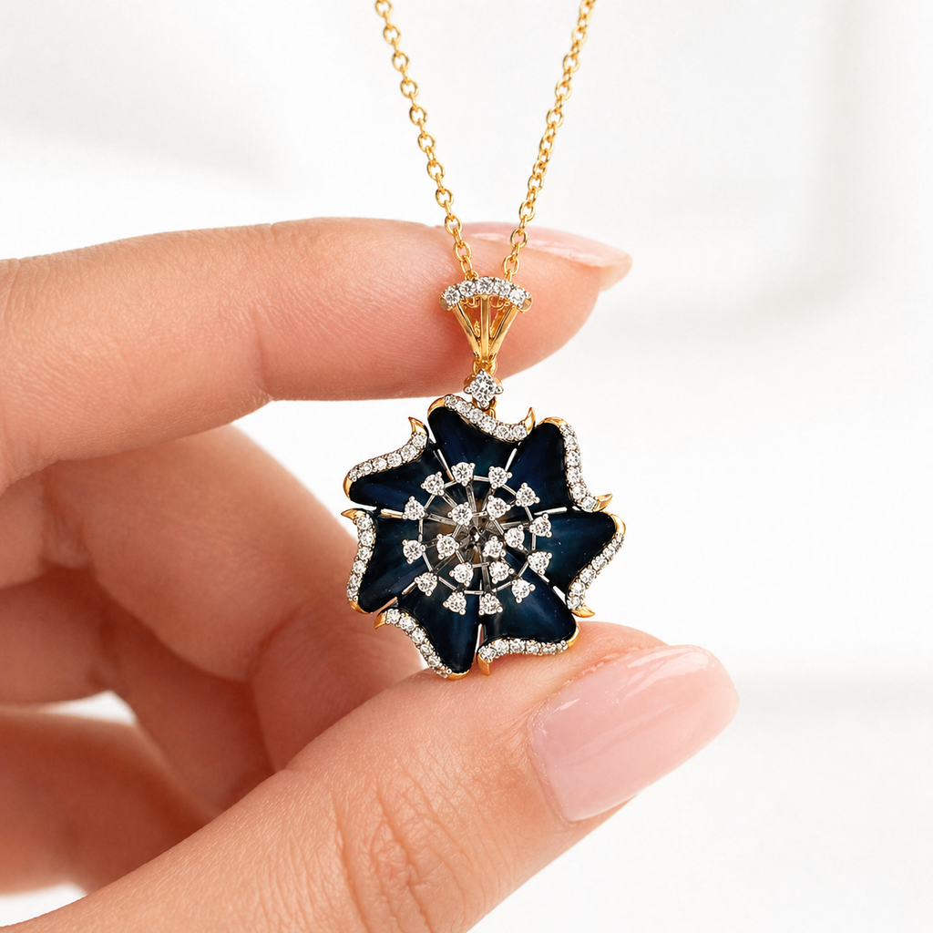 Natural Diamond Floral Cocktail Pendant 14KT Yellow Gold