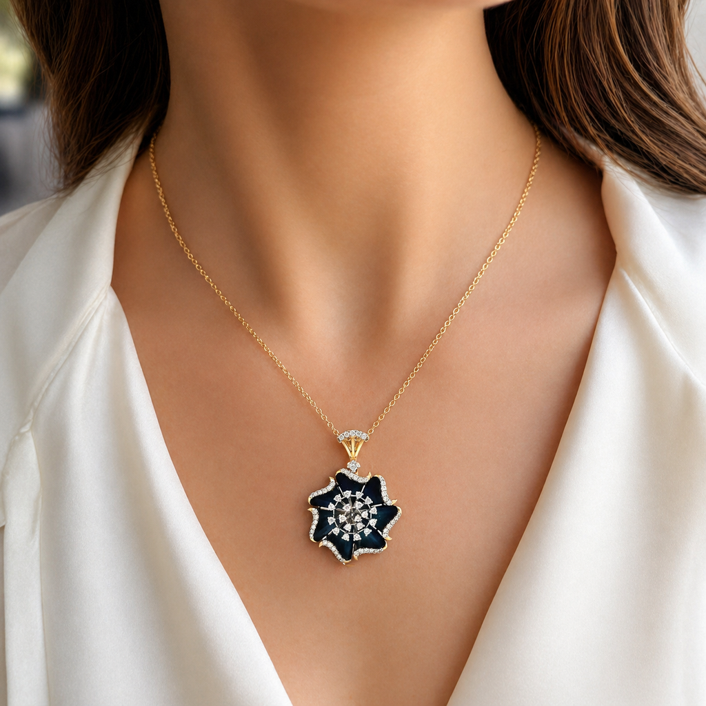 Natural Diamond Floral Cocktail Pendant 14KT Yellow Gold