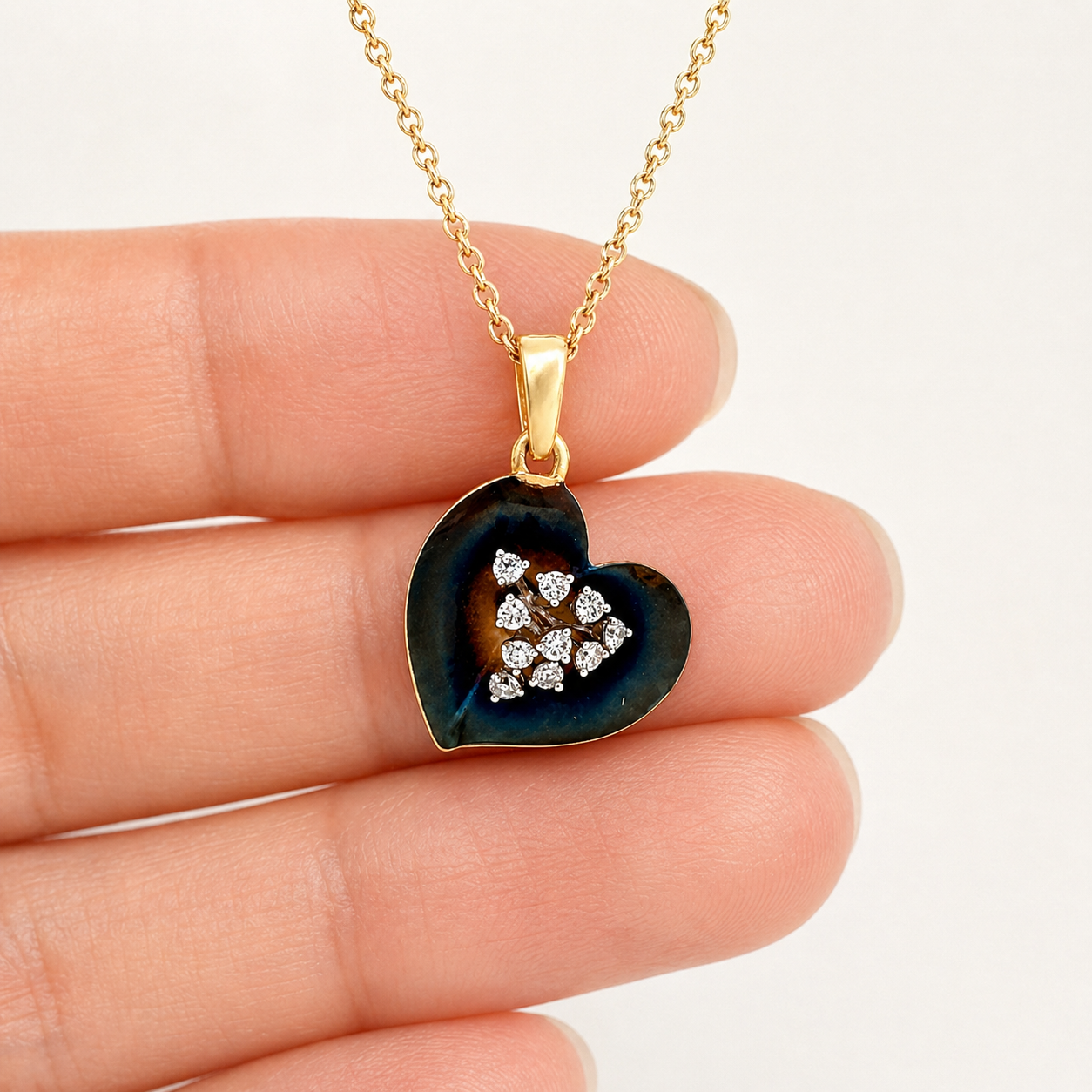Natural Diamond Heart Cocktail Leaf Pendant 14KT Yellow Gold