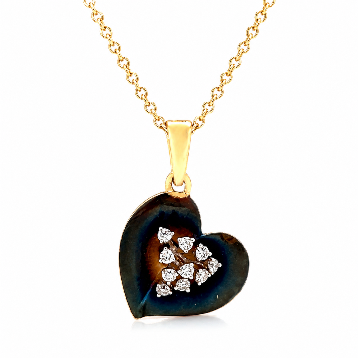 Natural Diamond Heart Cocktail Leaf Pendant 14KT Yellow Gold