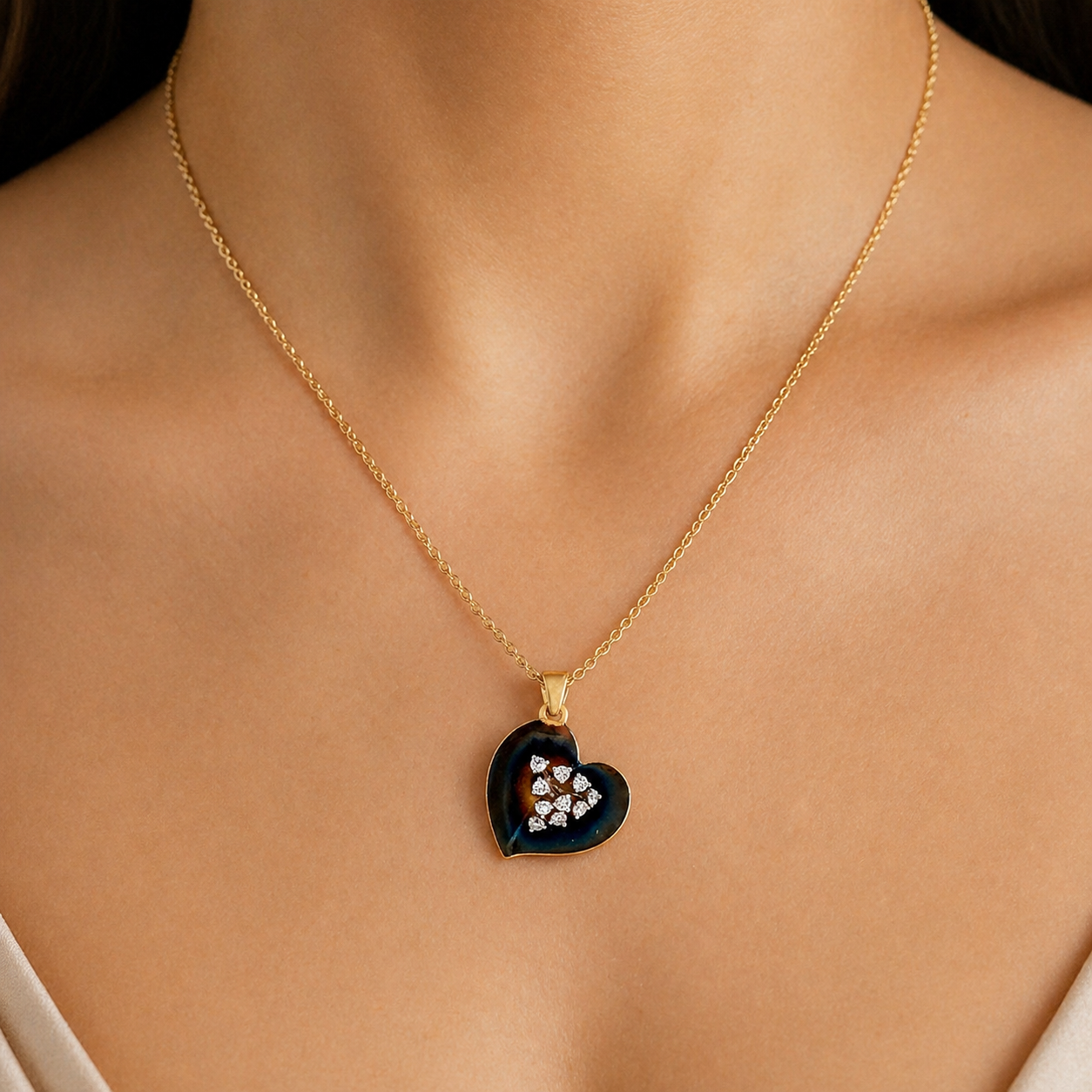 Natural Diamond Heart Cocktail Leaf Pendant 14KT Yellow Gold