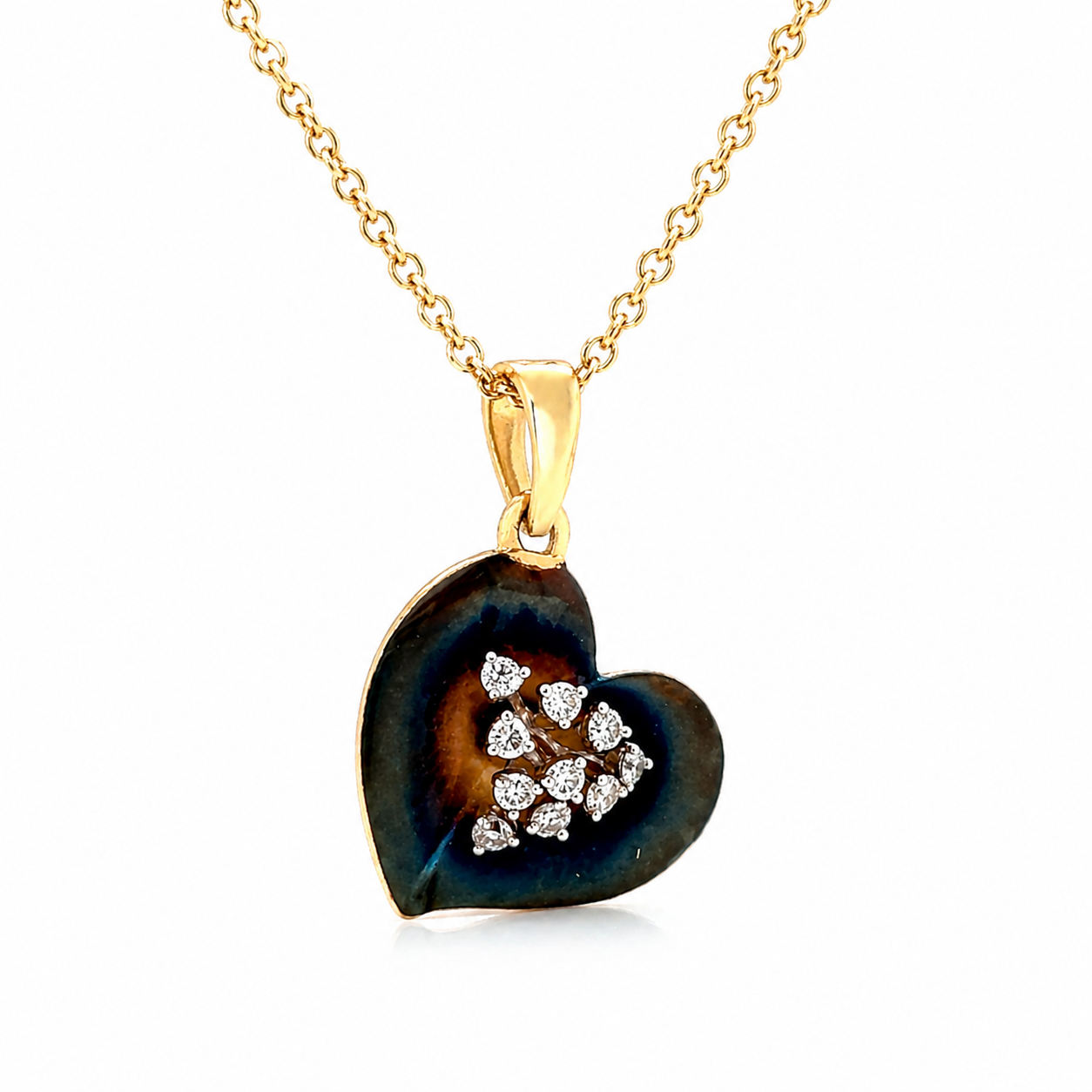 Natural Diamond Heart Cocktail Leaf Pendant 14KT Yellow Gold