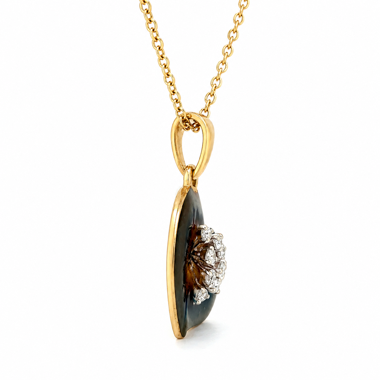 Natural Diamond Heart Cocktail Leaf Pendant 14KT Yellow Gold
