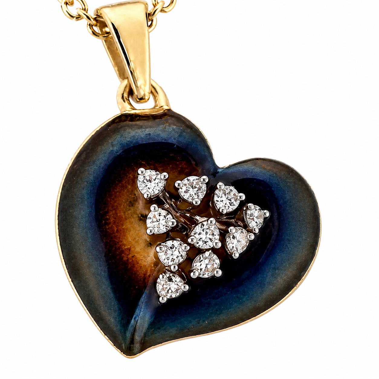 Natural Diamond Heart Cocktail Leaf Pendant 14KT Yellow Gold