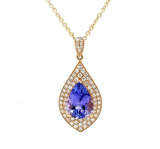 Natural Mined Tanzanite Diamond Halo Cocktail Pendant Yellow Gold