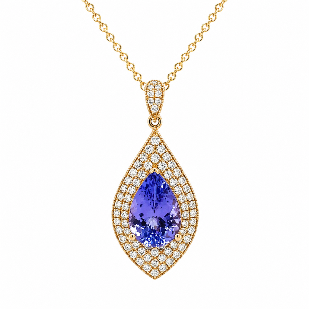 Natural Tanzanite Diamond Halo Cocktail Pendant 14KT Yellow Gold