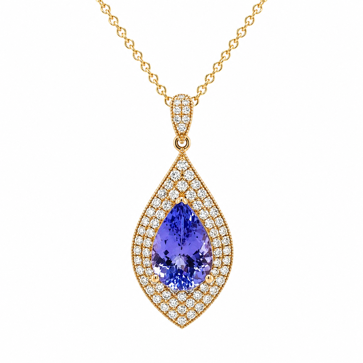 Natural Tanzanite Diamond Halo Cocktail Pendant 14KT Yellow Gold