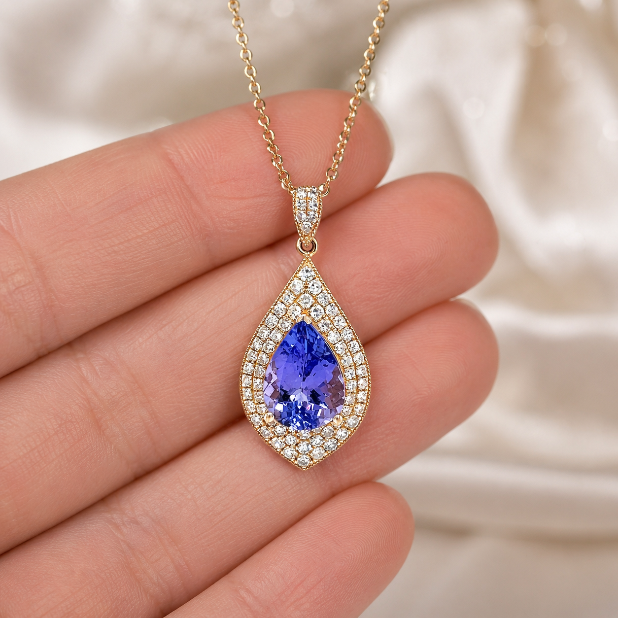 Natural Tanzanite Diamond Halo Cocktail Pendant 14KT Yellow Gold