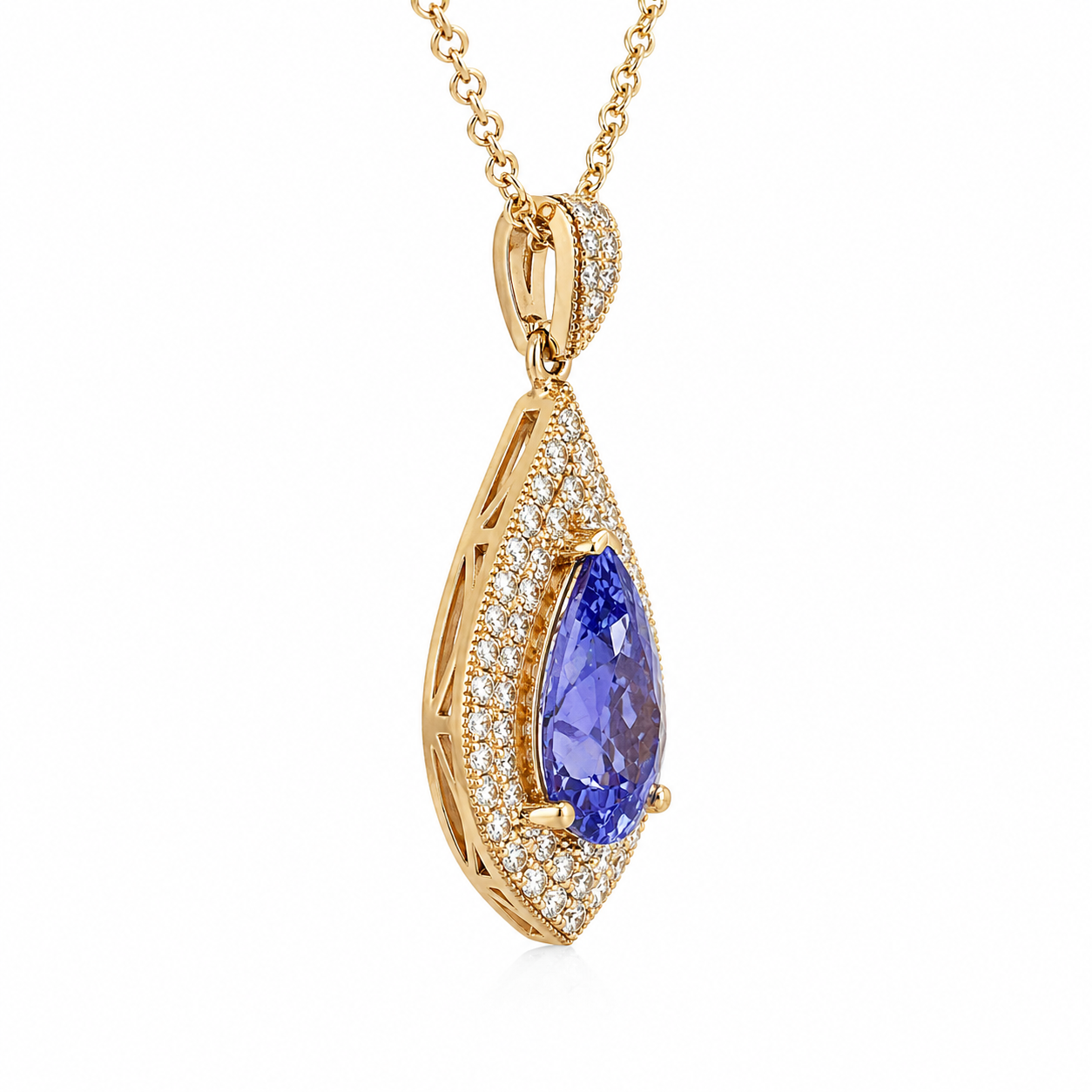 Natural Tanzanite Diamond Halo Cocktail Pendant 14KT Yellow Gold