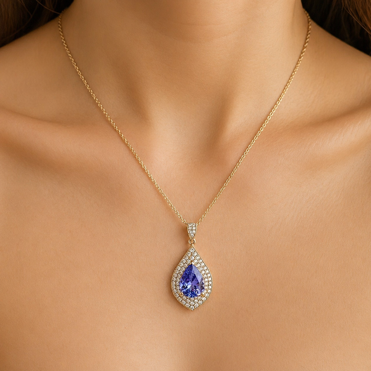 Natural Tanzanite Diamond Halo Cocktail Pendant 14KT Yellow Gold