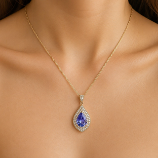 Natural Tanzanite Diamond Halo Cocktail Pendant 14KT Yellow Gold
