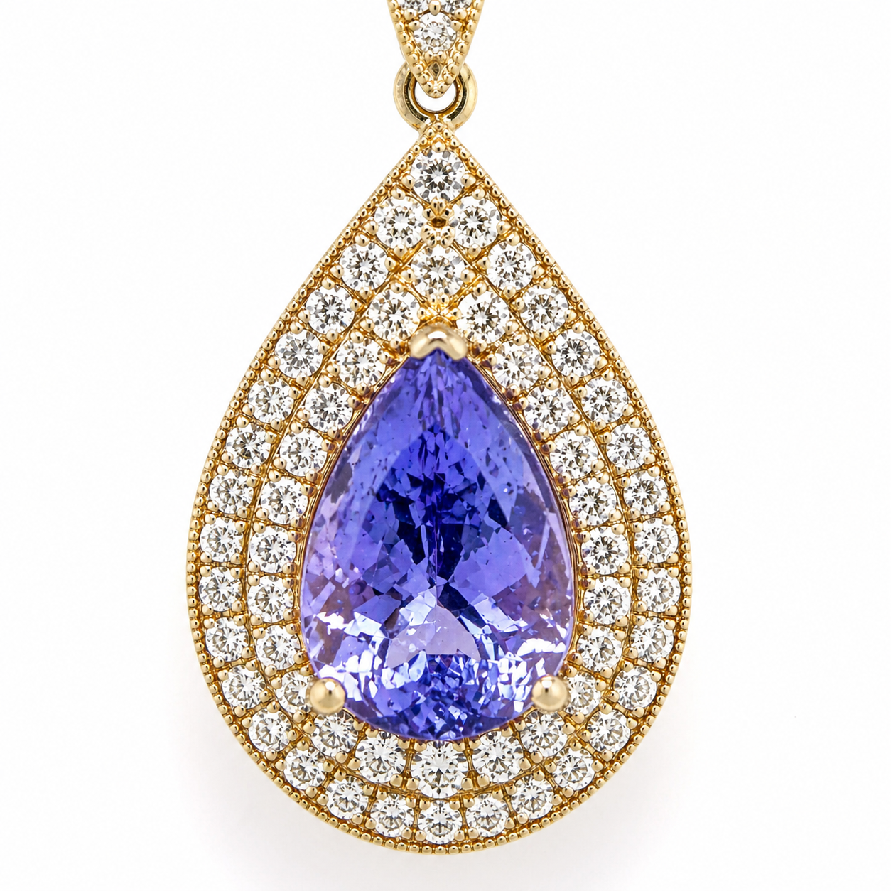 Natural Tanzanite Diamond Halo Cocktail Pendant 14KT Yellow Gold
