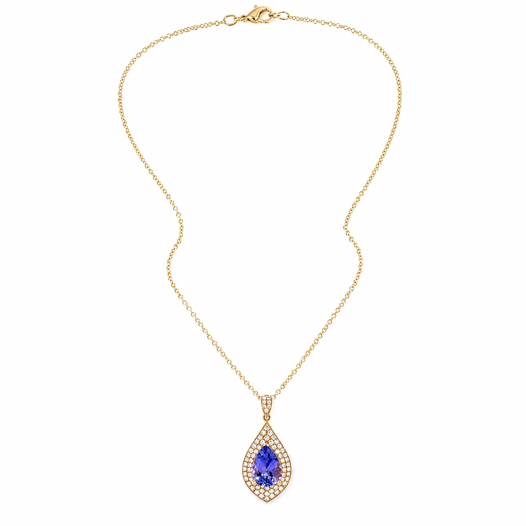 Natural Tanzanite Diamond Halo Cocktail Pendant 14KT Yellow Gold