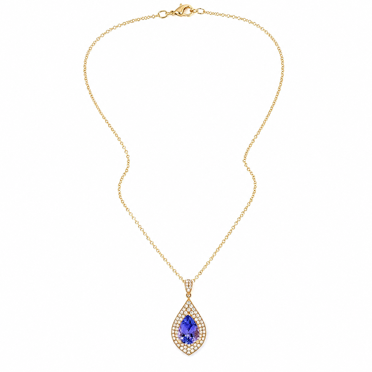Natural Tanzanite Diamond Halo Cocktail Pendant 14KT Yellow Gold