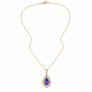 Natural Tanzanite Diamond Halo Cocktail Pendant 14KT Yellow Gold