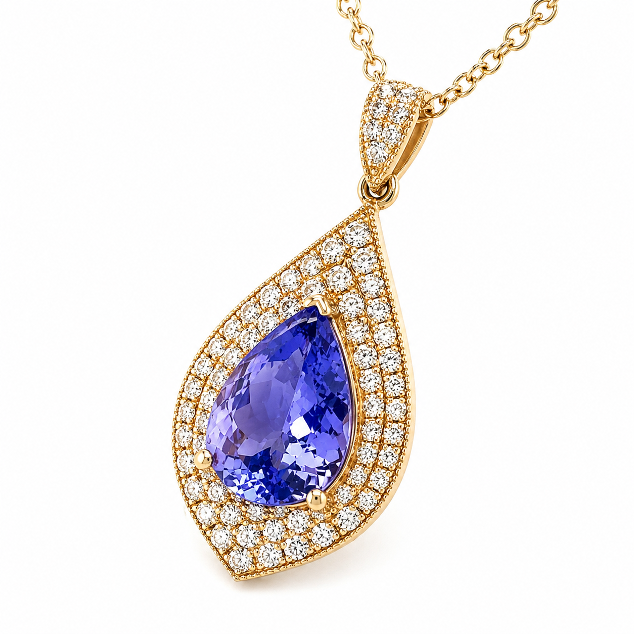 Natural Tanzanite Diamond Halo Cocktail Pendant 14KT Yellow Gold