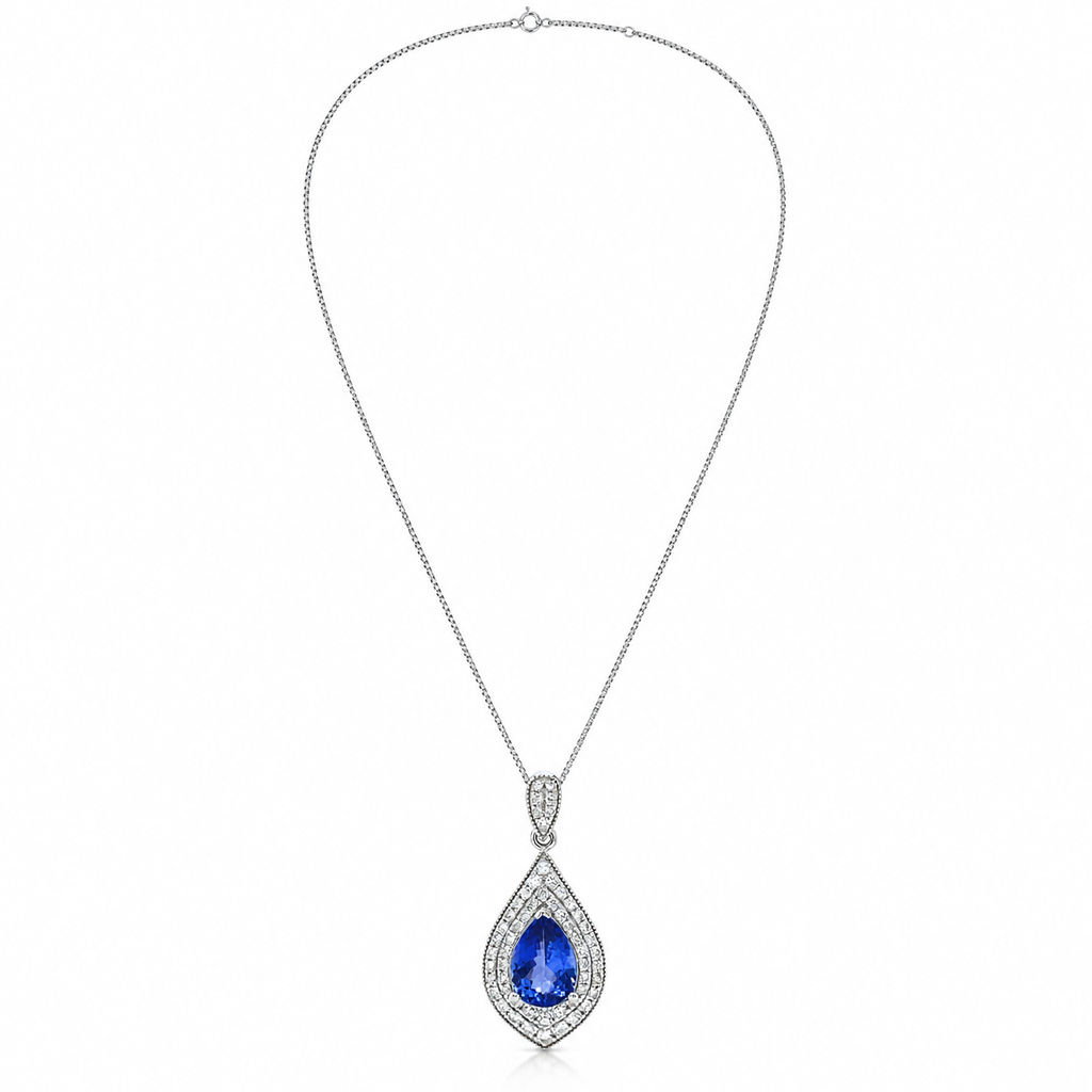 Natural Tanzanite and Diamond Halo Art Deco Cocktail Pendant 14KT White Gold