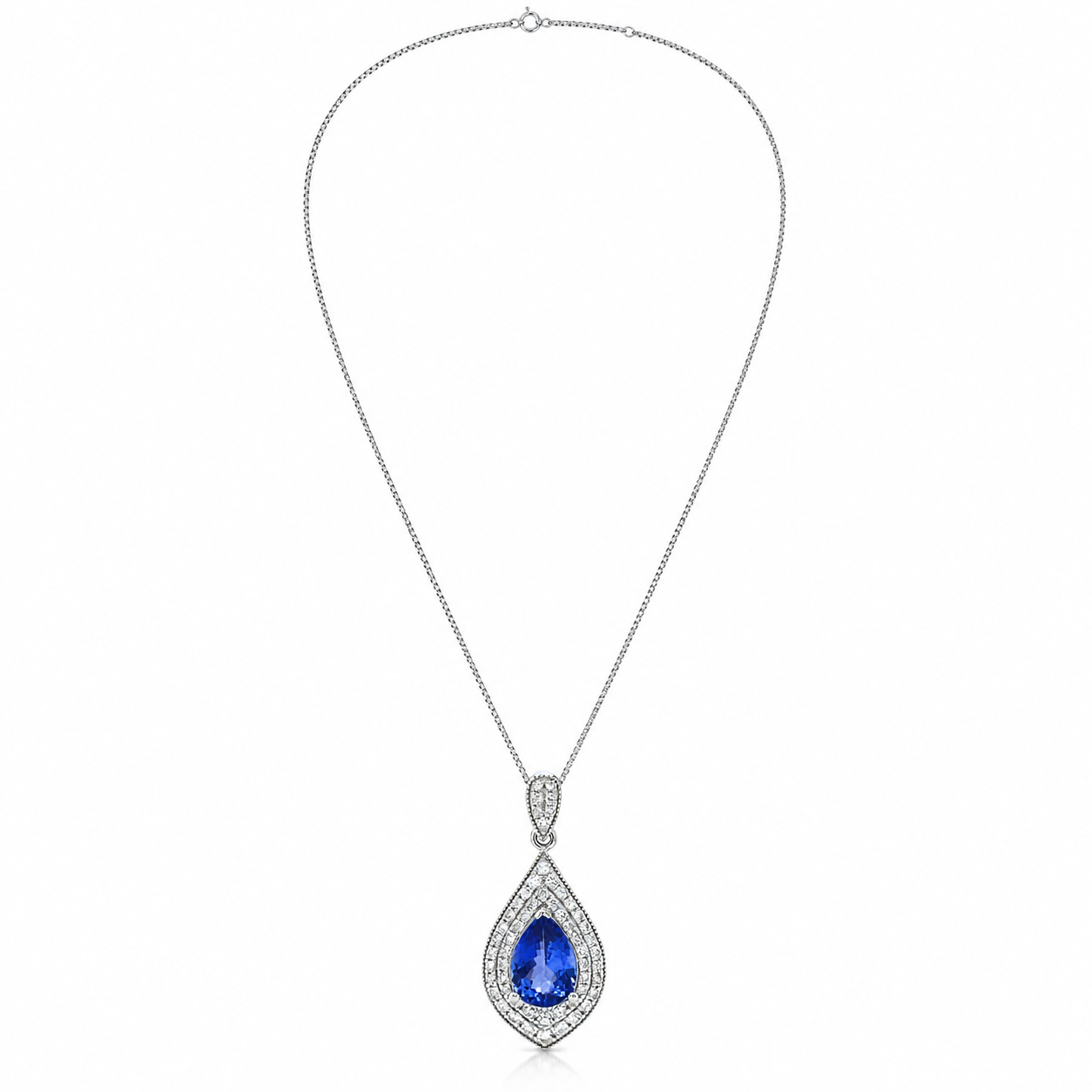 Natural Tanzanite and Diamond Halo Art Deco Cocktail Pendant 14KT White Gold