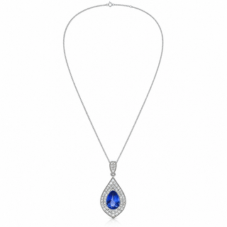 Natural Tanzanite and Diamond Halo Art Deco Cocktail Pendant 14KT White Gold