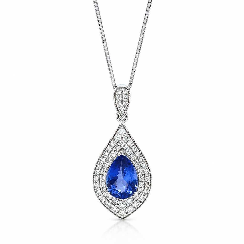 Natural Tanzanite and Diamond Halo Art Deco Cocktail Pendant 14KT White Gold