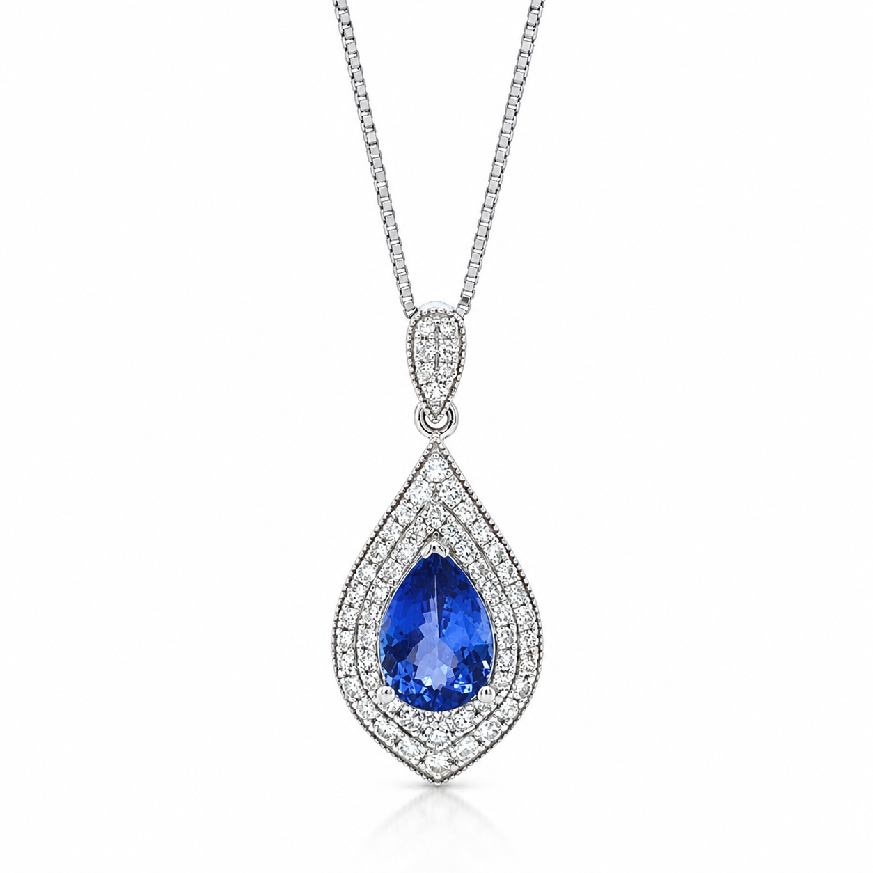 Natural Tanzanite and Diamond Halo Art Deco Cocktail Pendant 14KT White Gold