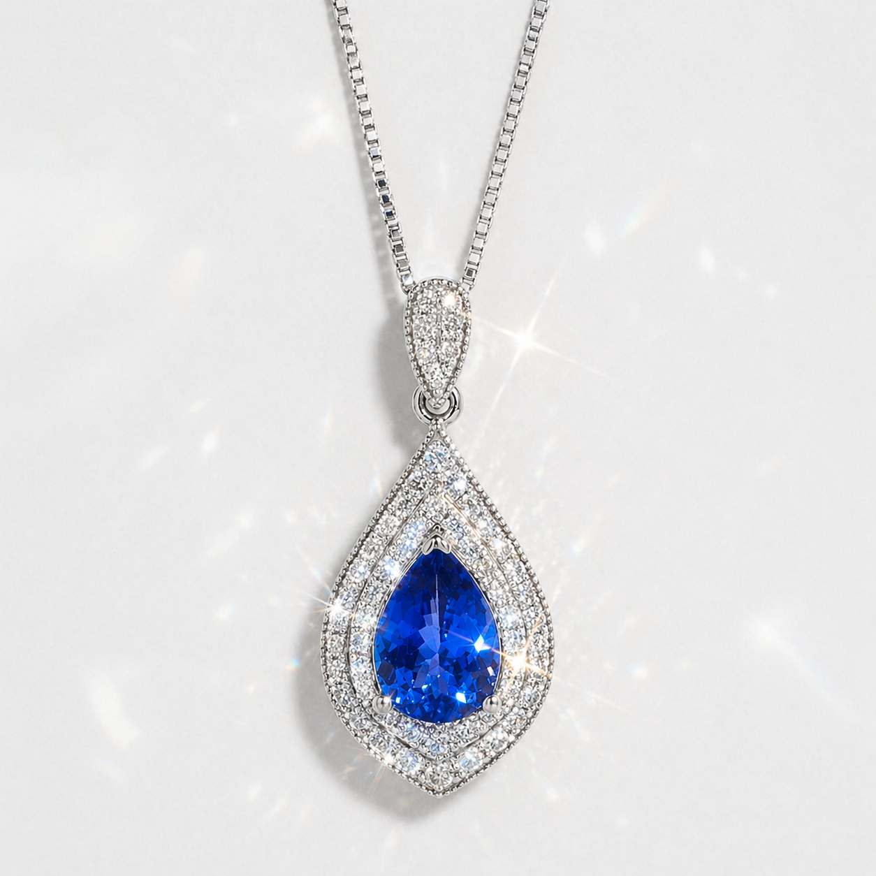 Natural Tanzanite and Diamond Halo Art Deco Cocktail Pendant 14KT White Gold
