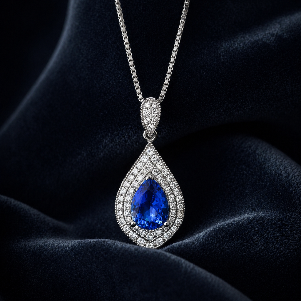 Natural Tanzanite and Diamond Halo Art Deco Cocktail Pendant 14KT White Gold