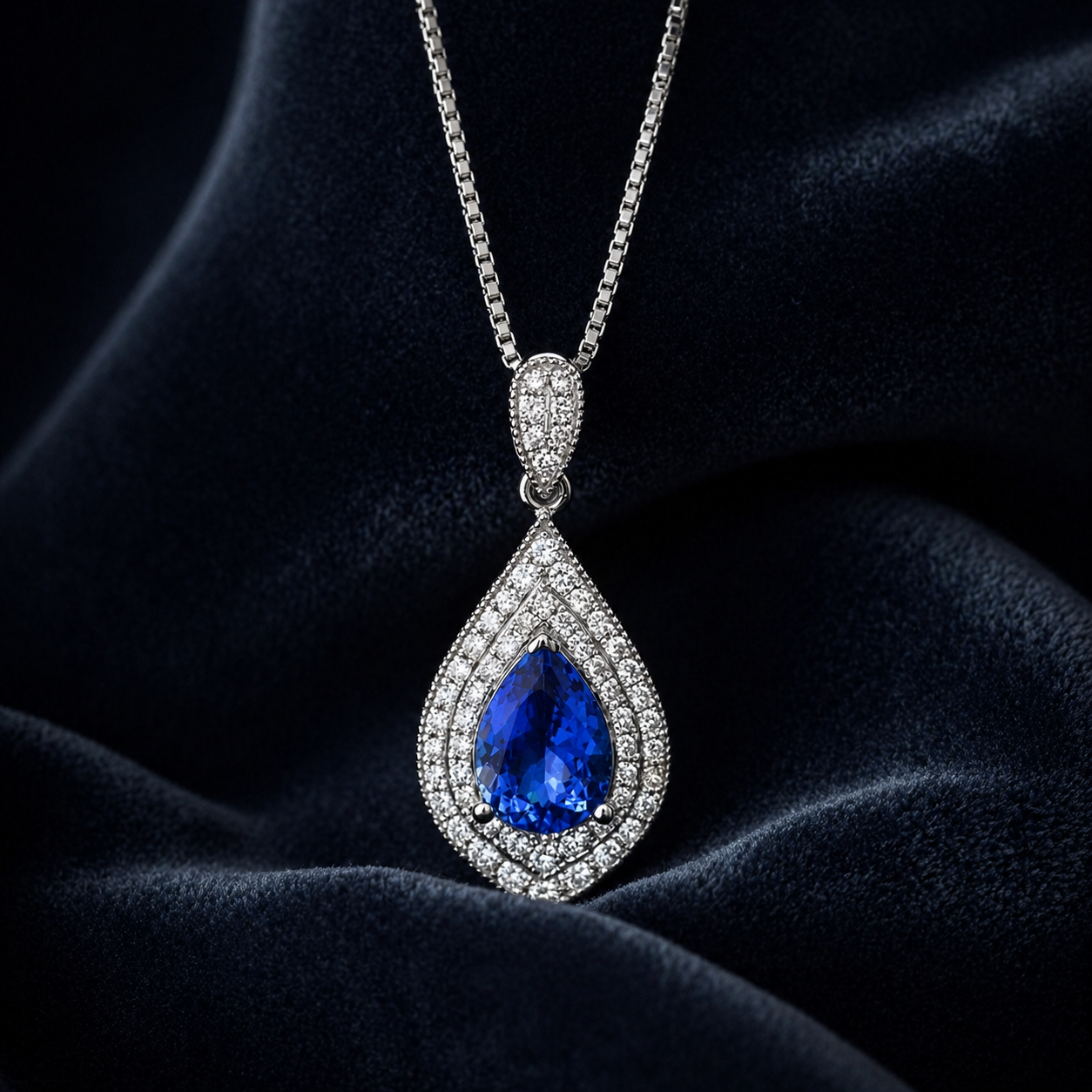 Natural Tanzanite and Diamond Halo Art Deco Cocktail Pendant 14KT White Gold