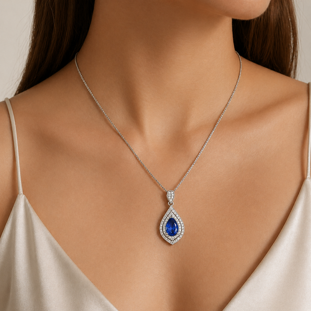 Natural Tanzanite and Diamond Halo Art Deco Cocktail Pendant 14KT White Gold