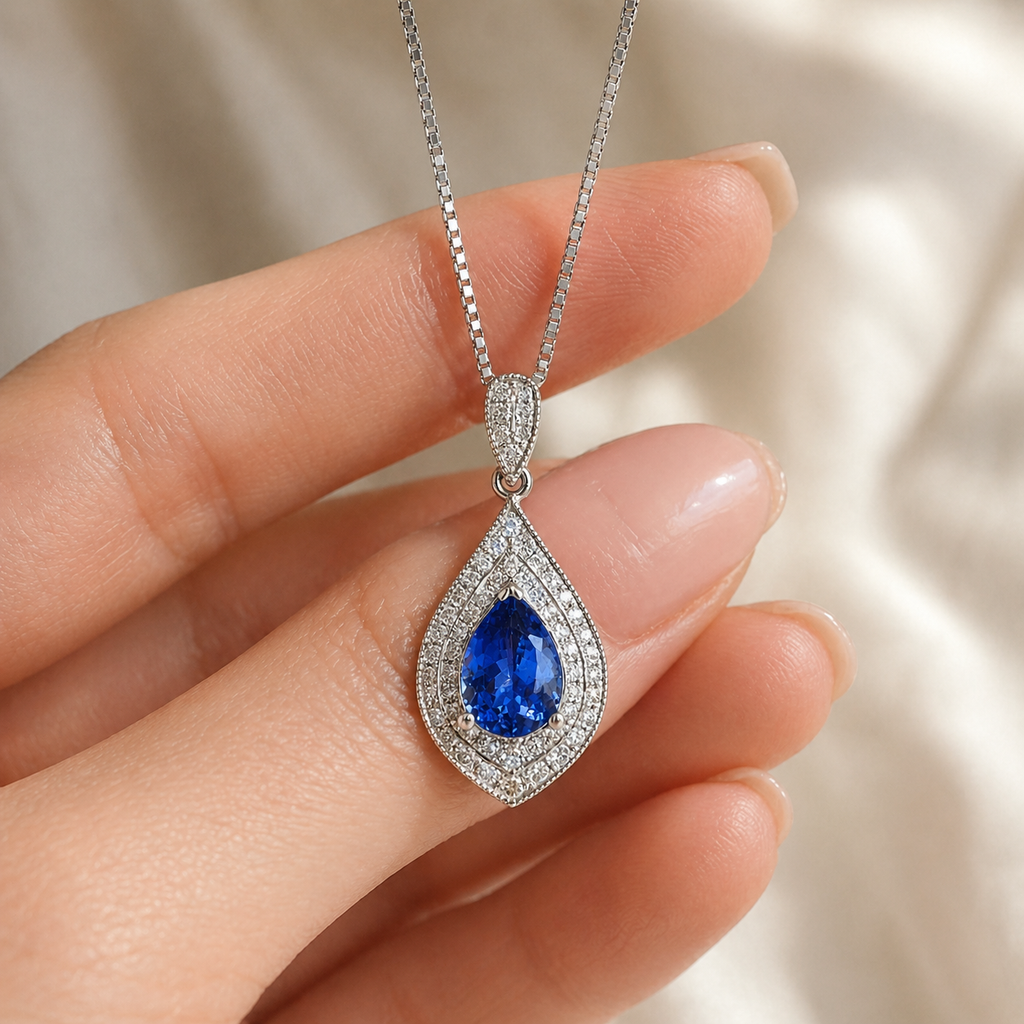 Natural Tanzanite and Diamond Halo Art Deco Cocktail Pendant 14KT White Gold