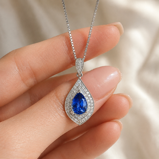 Natural Tanzanite and Diamond Halo Art Deco Cocktail Pendant 14KT White Gold