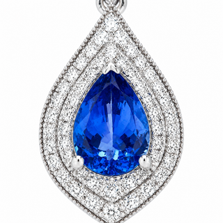 Natural Tanzanite and Diamond Halo Art Deco Cocktail Pendant 14KT White Gold