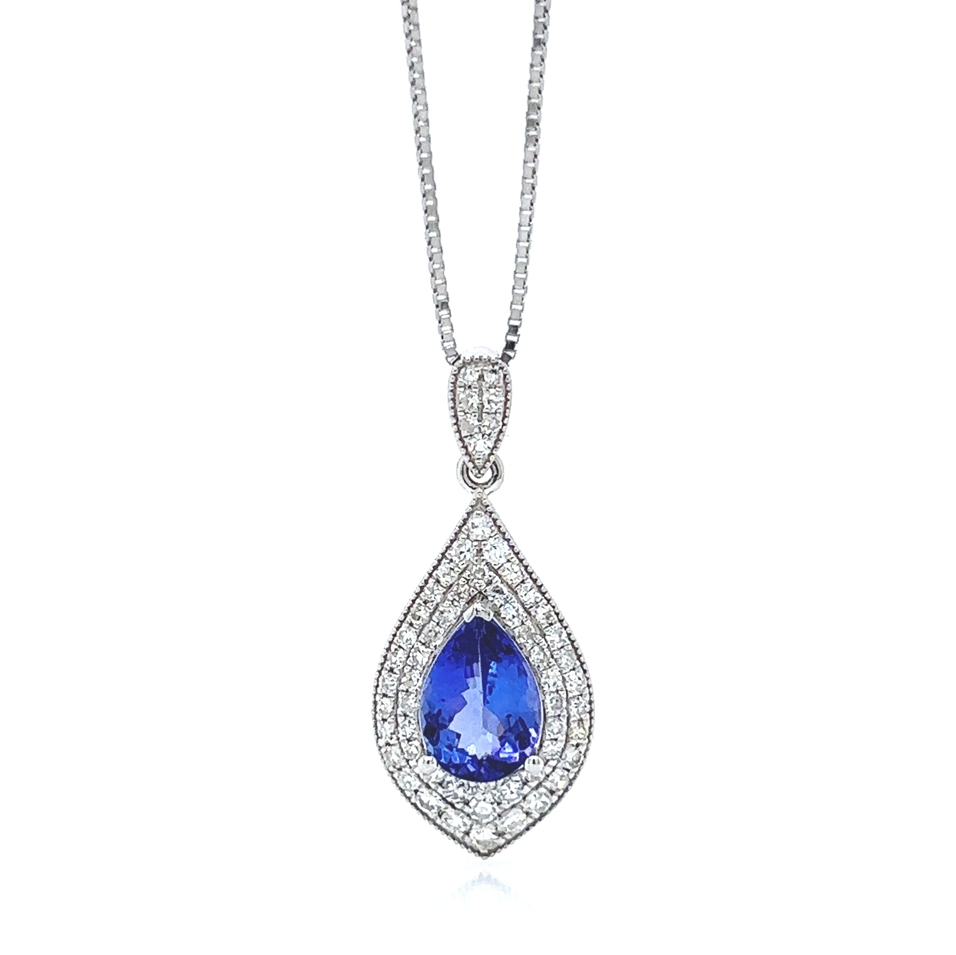 Natural Tanzanite and Diamond Halo Art Deco Cocktail Pendant, in White Gold