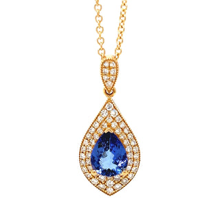Natural Tanzanite and Natural Mined Diamond Cocktail Necklace Pendant 14KT Yellow Gold