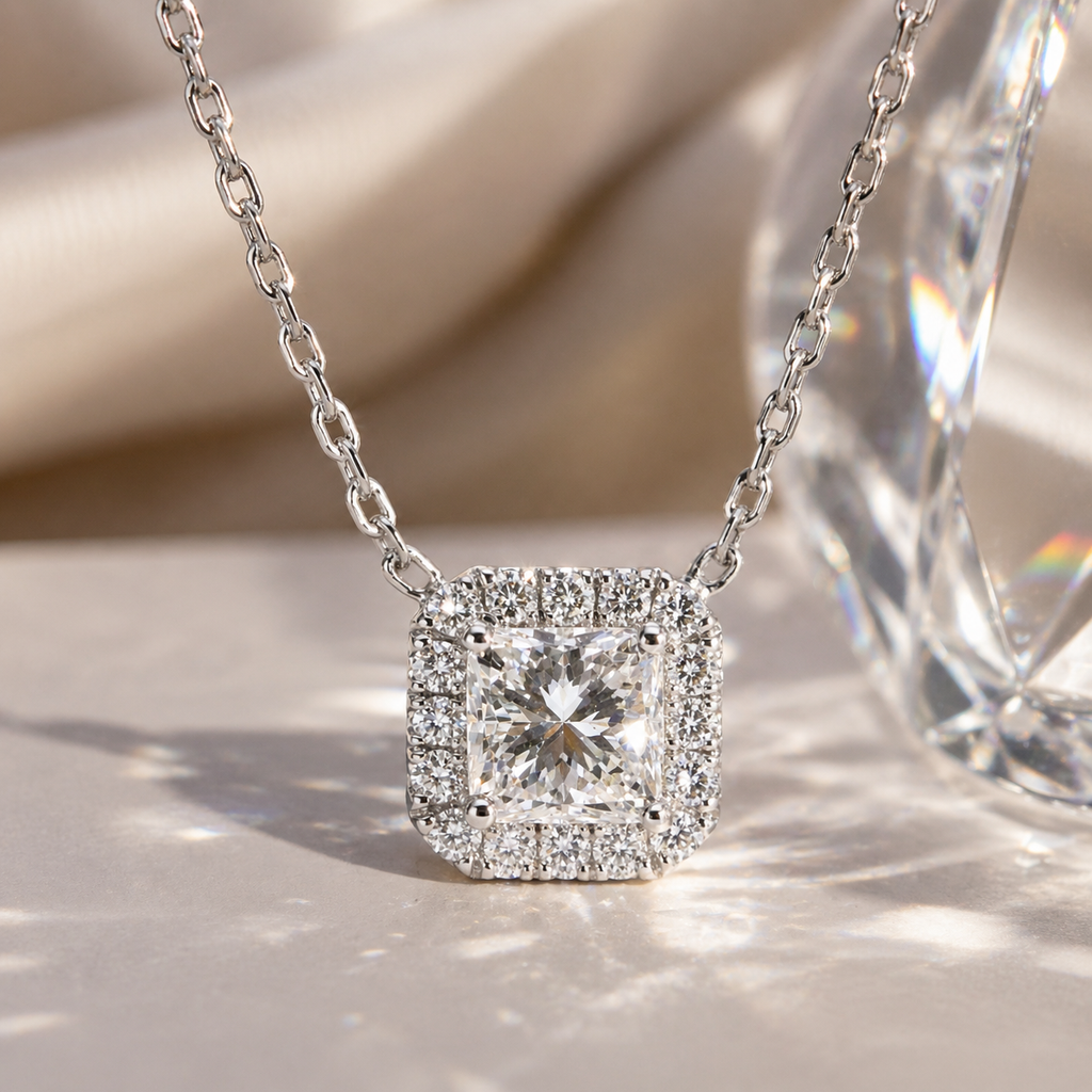 Natural Diamond Halo Pendant 18KT White Gold