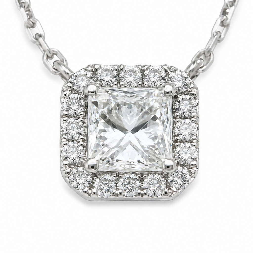 Natural Diamond Halo Pendant 18KT White Gold