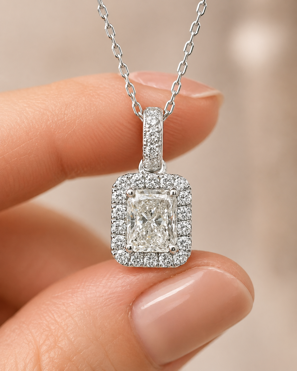 Natural Diamond Halo Pendant 18KT White Gold