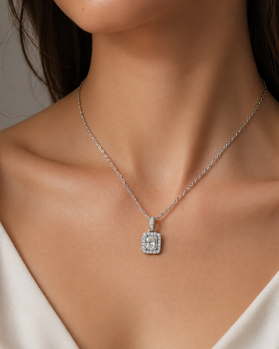 Natural Diamond Halo Pendant 18KT White Gold