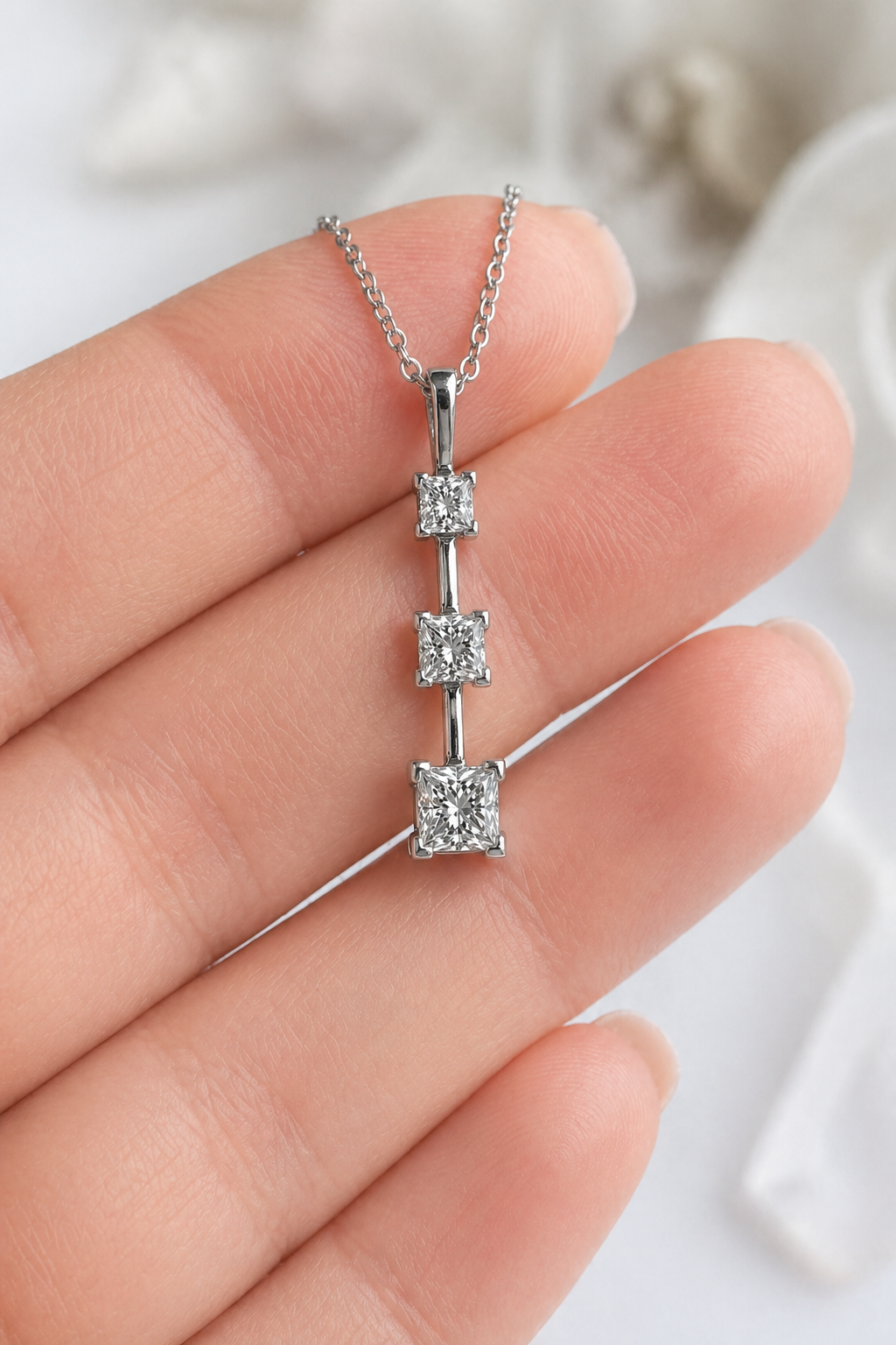 Natural Mined Princess Cut Diamond Three Stone Pendant 14KT White Gold